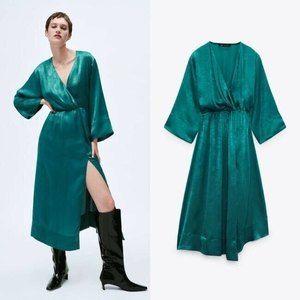ZARA NWT Satin Effect Midi Dress Duck Green M